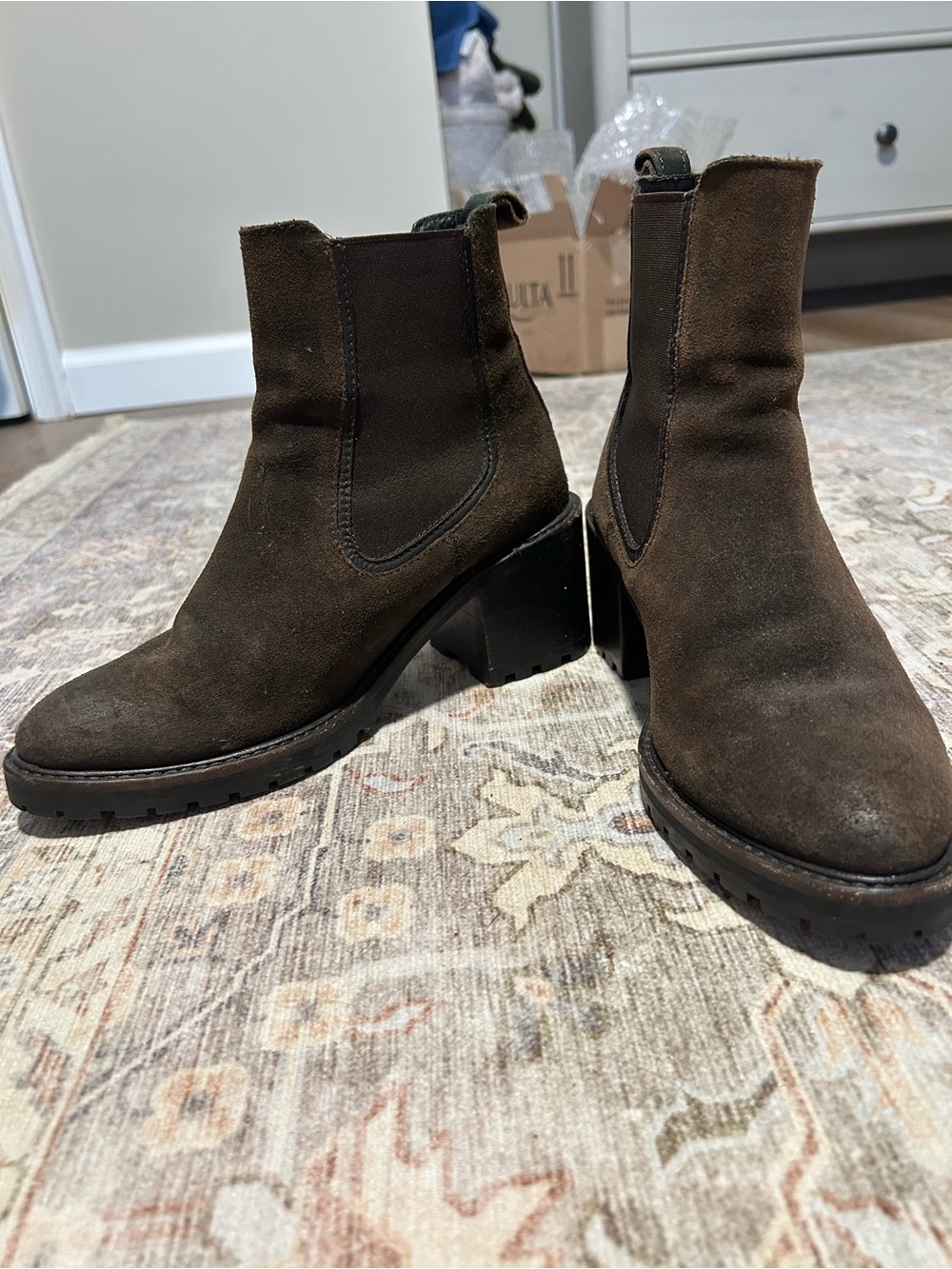 Thursdays Knockout Brown Suede Chelsea Block Heel Boots